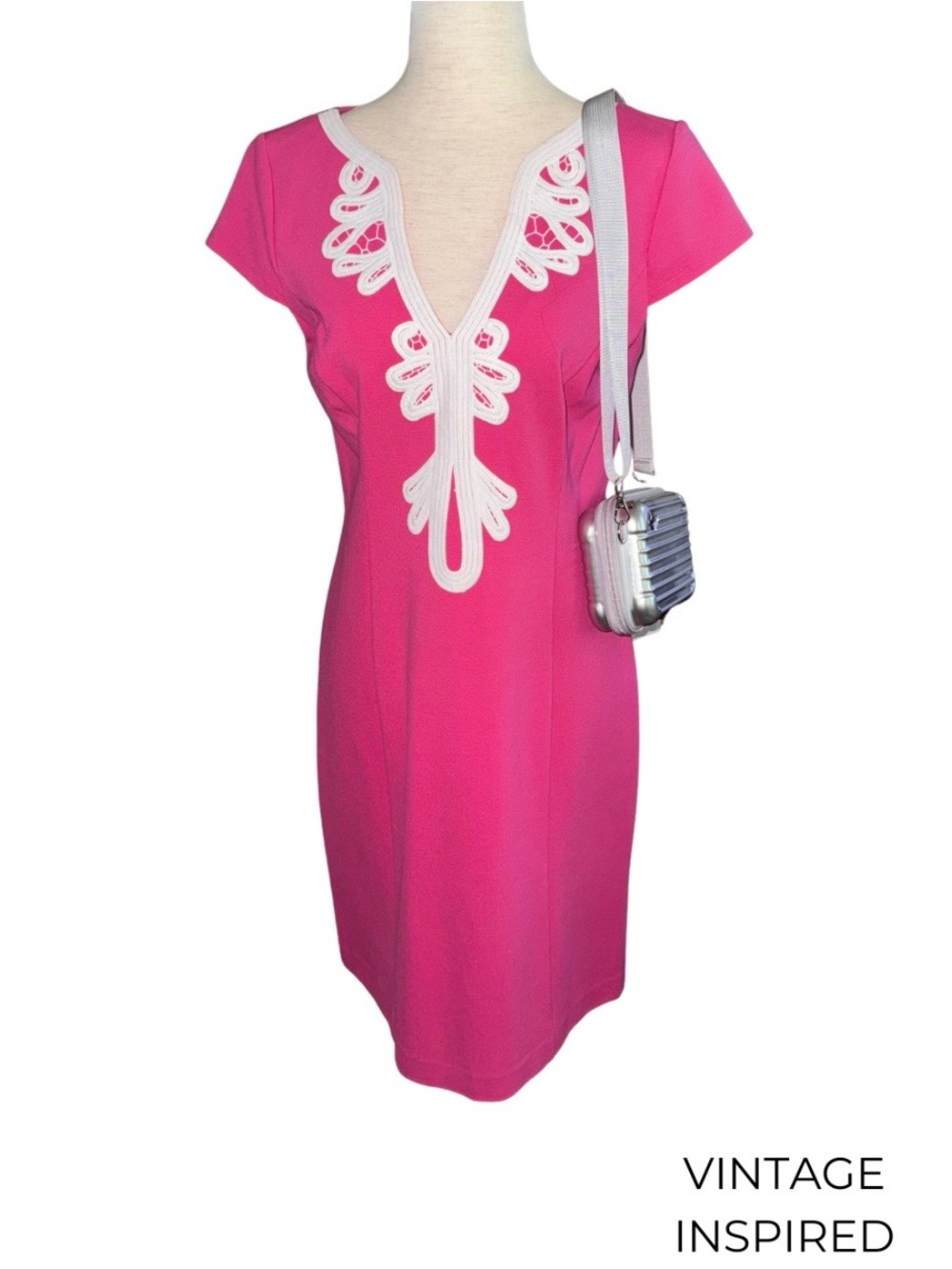 60s Inspired Pink Shift Dress Soutache Trim
Stretch Ponte 8 Jet Age - Picture 2 of 10